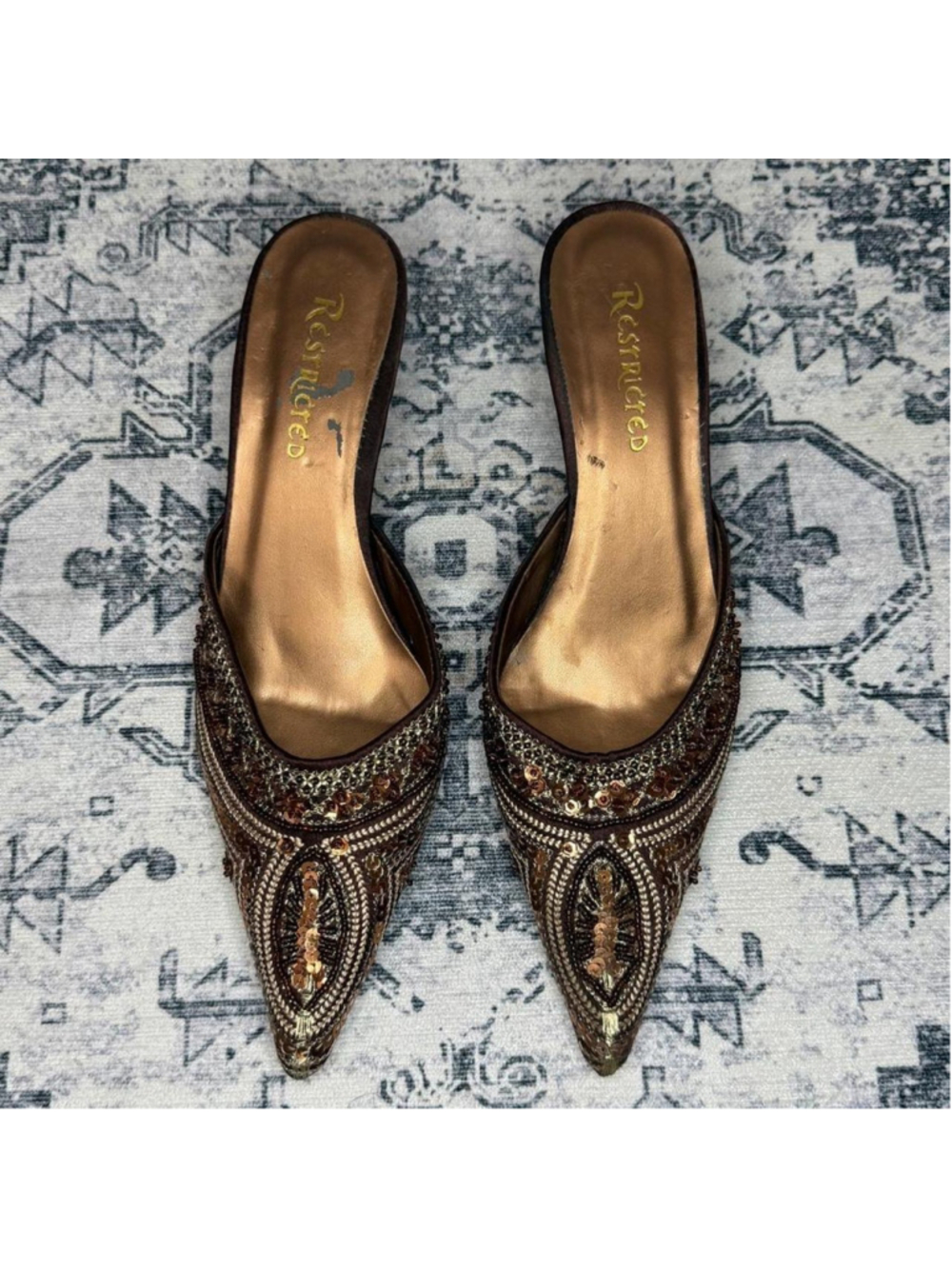 Restricted Y2K Beaded Brown & Bronze Pointed Toe Kitten Heel Mules - Size 7